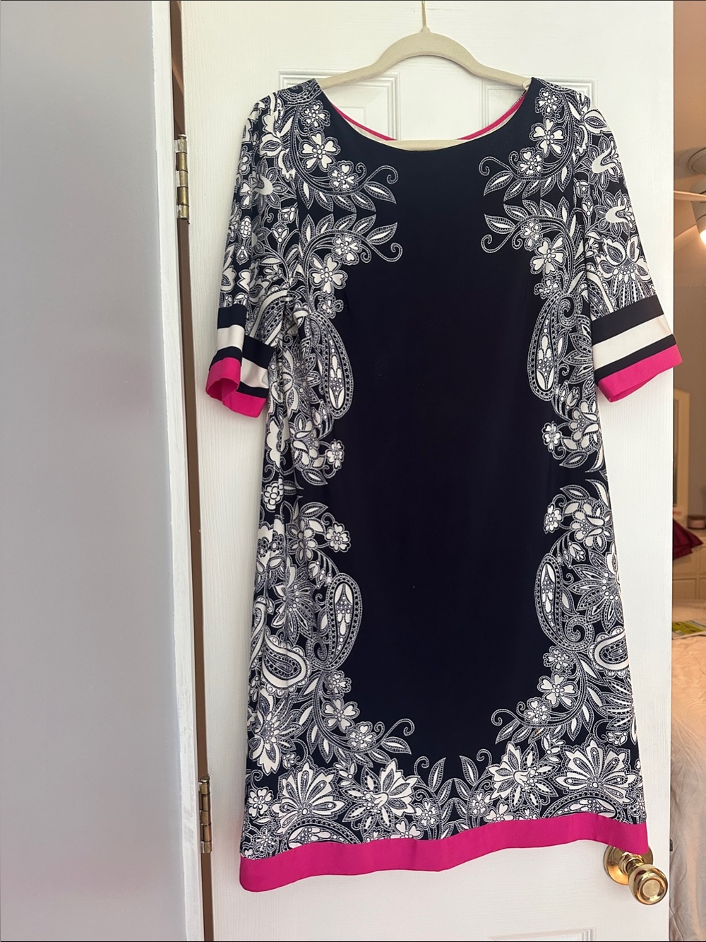 Eliza J Navy  & White  Paisley Midi Dress with Pink Trim